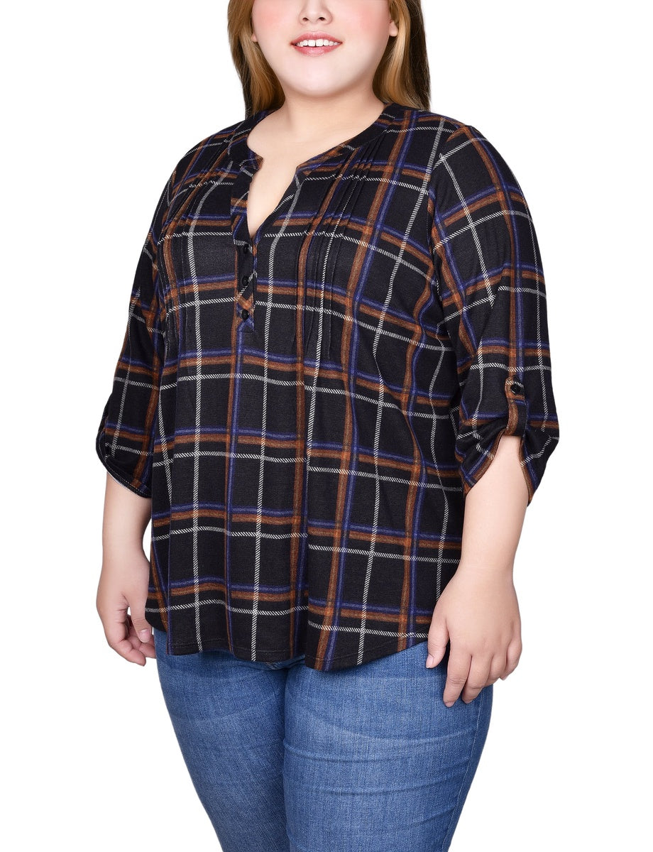  NY Collection Plus Size 3/4 Roll Sleeve Top - Black Grey Animal - Bonton