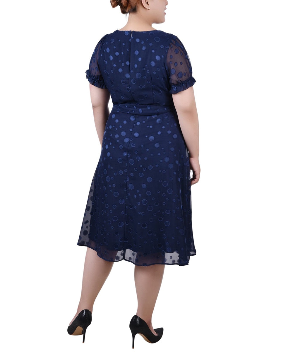  NY Collection Plus Size Short Sleeve Belted Swiss Dot Dress - Mellow Rose Rectangle - Bonton