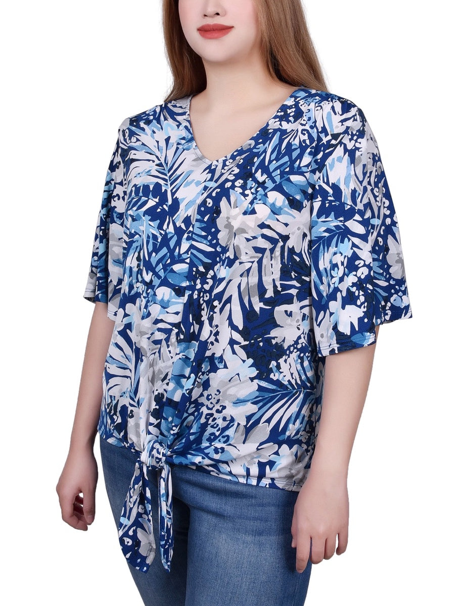  NY Collection Petite Elbow Sleeve Tie-Front Top - Blue Heron - Bonton