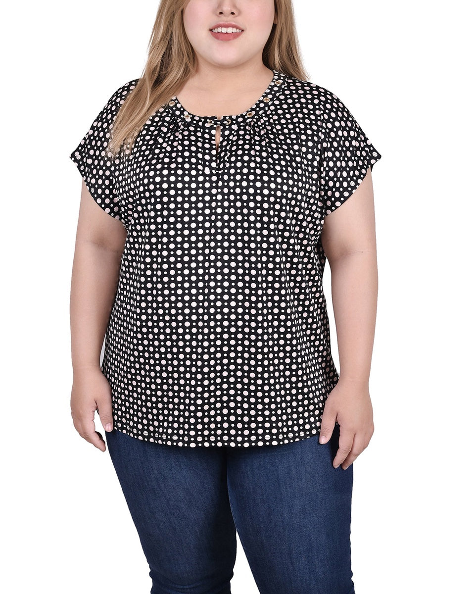  NY Collection Plus Size Extended Sleeve Top With Grommets - Black Blue Taupe Abstract - Bonton