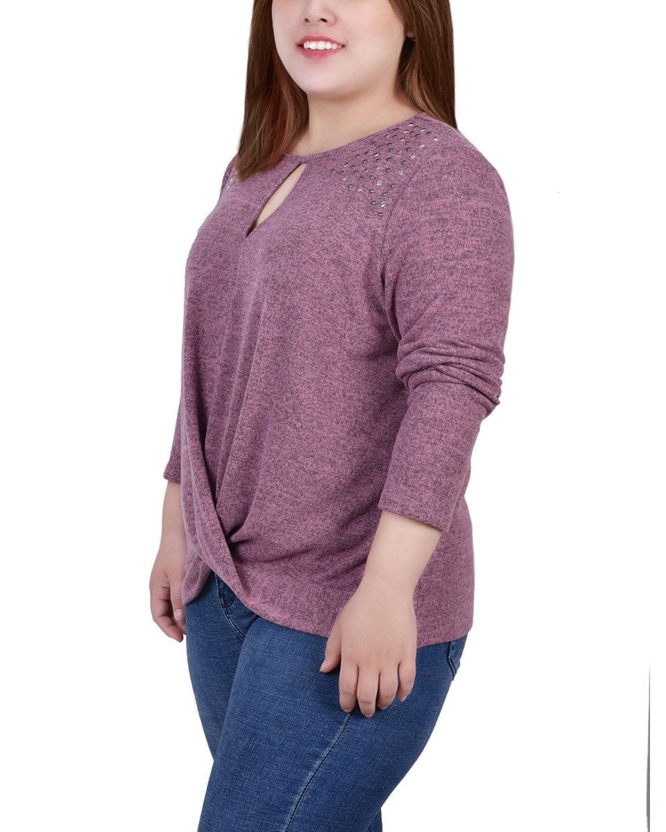  NY Collection Plus Size Long Sleeve Knit Keyhole Top With Studs - Navy - Bonton