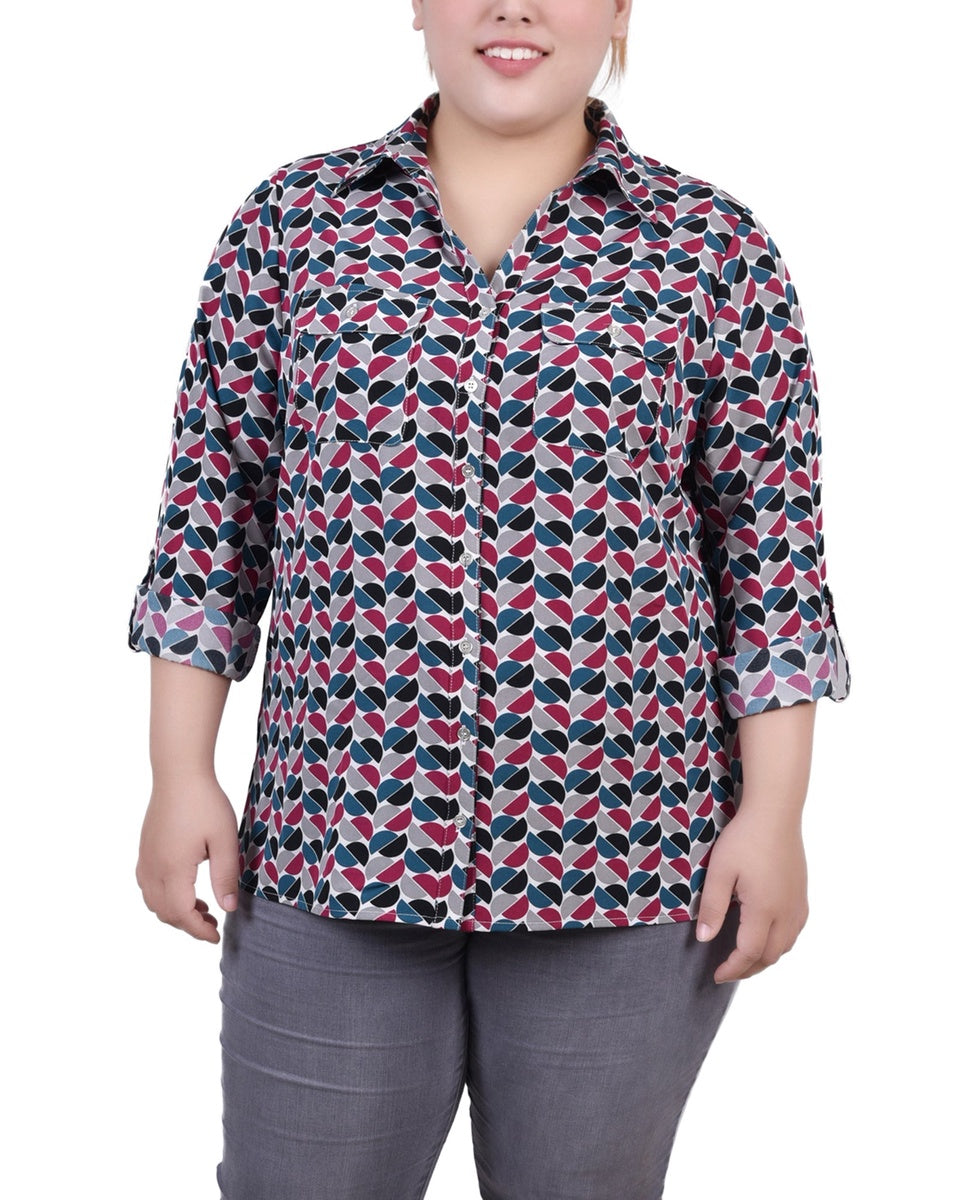  NY Collection Plus Size 3/4 Sleeve Roll Tab Notch Collar Blouse - Black And Doeskin Floral Iconi - Bonton