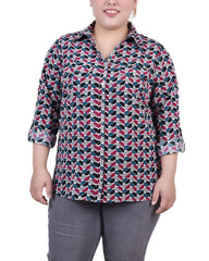 Plus Size 3/4 Sleeve Roll Tab Notch Collar Blouse