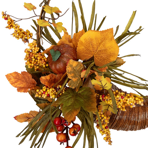 Autumn Leaves With Berries Artificial Fall Harvest Cornucopia Wreath  18-Inch  Unlit