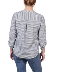 Petite 3/4 Sleeve Roll Tab Y Neck Blouse