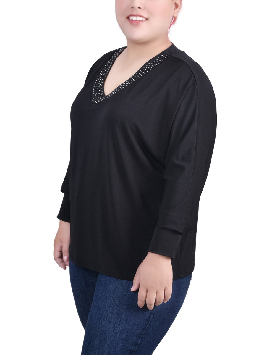  NY Collection Plus Size Long Sleeve Studded Top - Black - Bonton