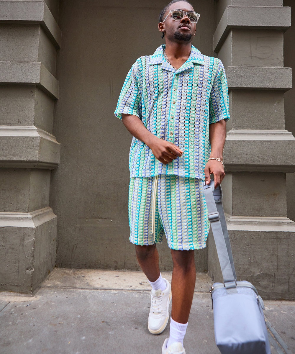  Reason Clothing Textured Knit Short Sleeve Button Down Shirt - Light Blue - MULTI - Bonton