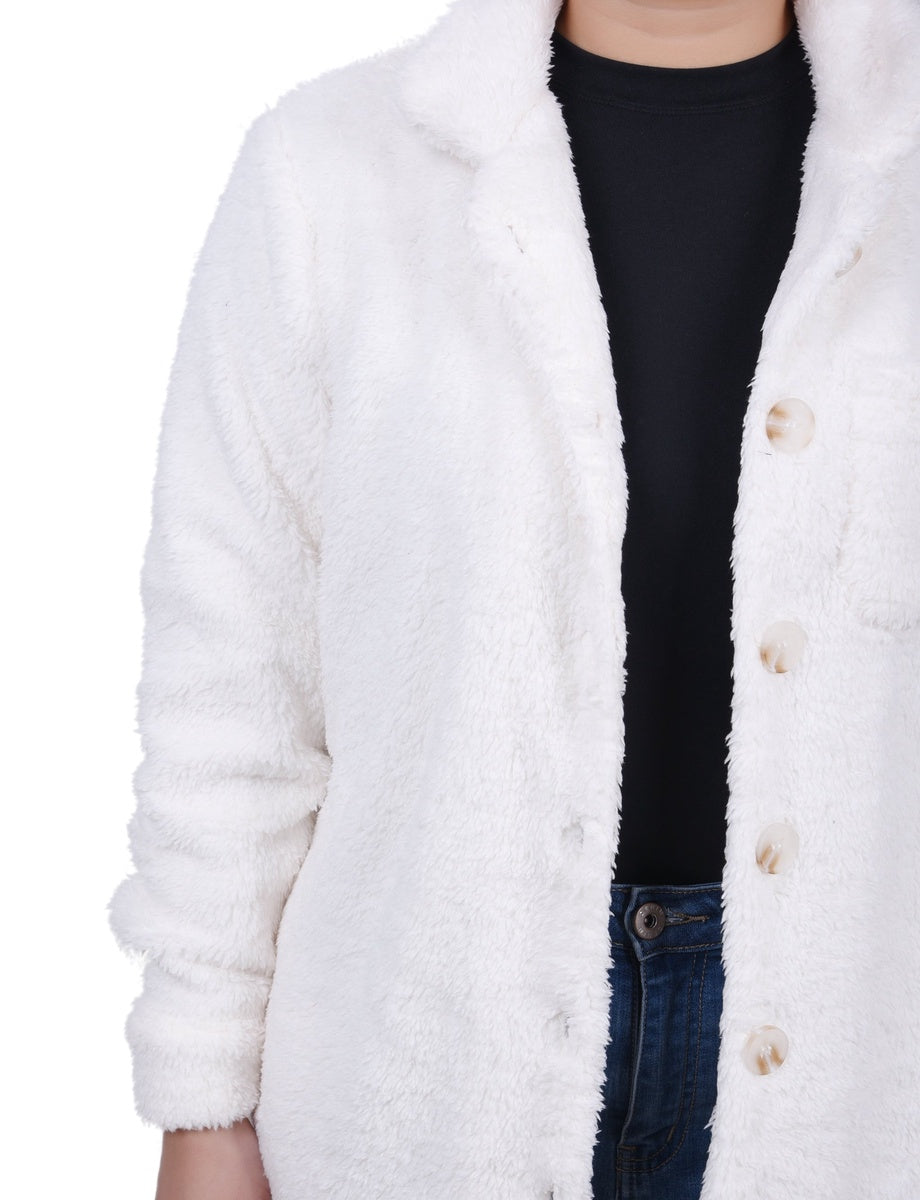  NY Collection Long Sleeve Button Front Sherpa Jacket - Ivory - Bonton