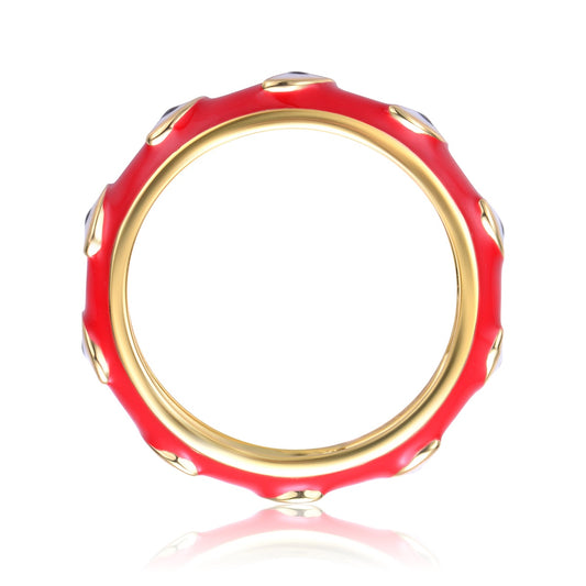 Kids/Teens 14k Yellow Gold Plated Red Bamboo White Evil Eye Enamel Slim Stacking Band Ring