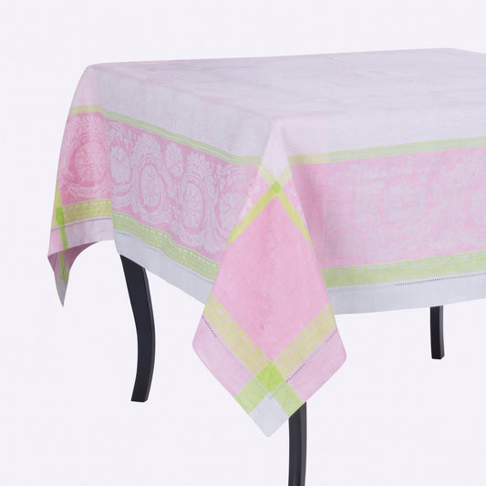 French Home Linen 71" X 100" Cleopatra Tablecloth - Chartreuse, Rose, and Pale Lavender