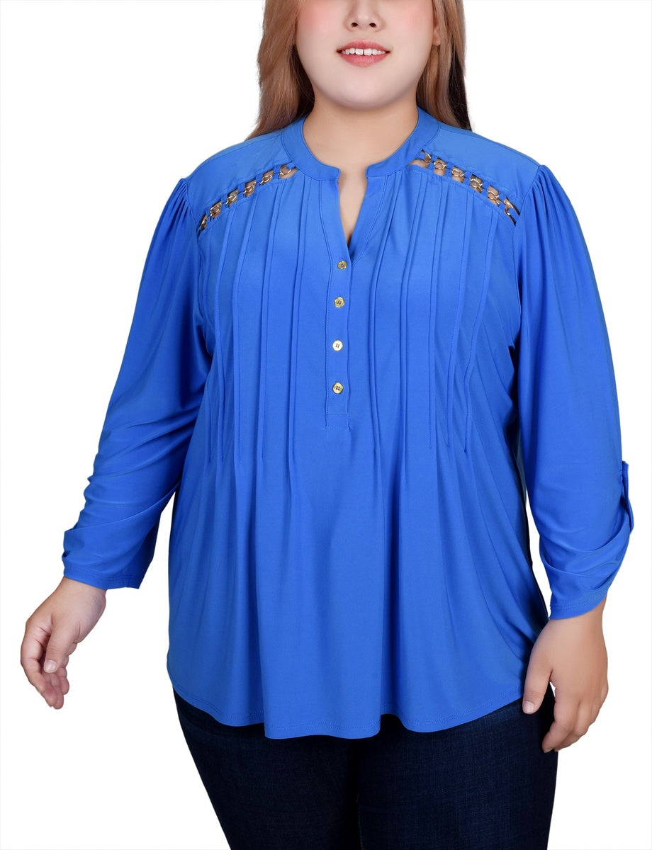  NY Collection Plus Size Long Sleeve Pintuck Front Top With Chain Details - Animal Lilas Dot - Bonton