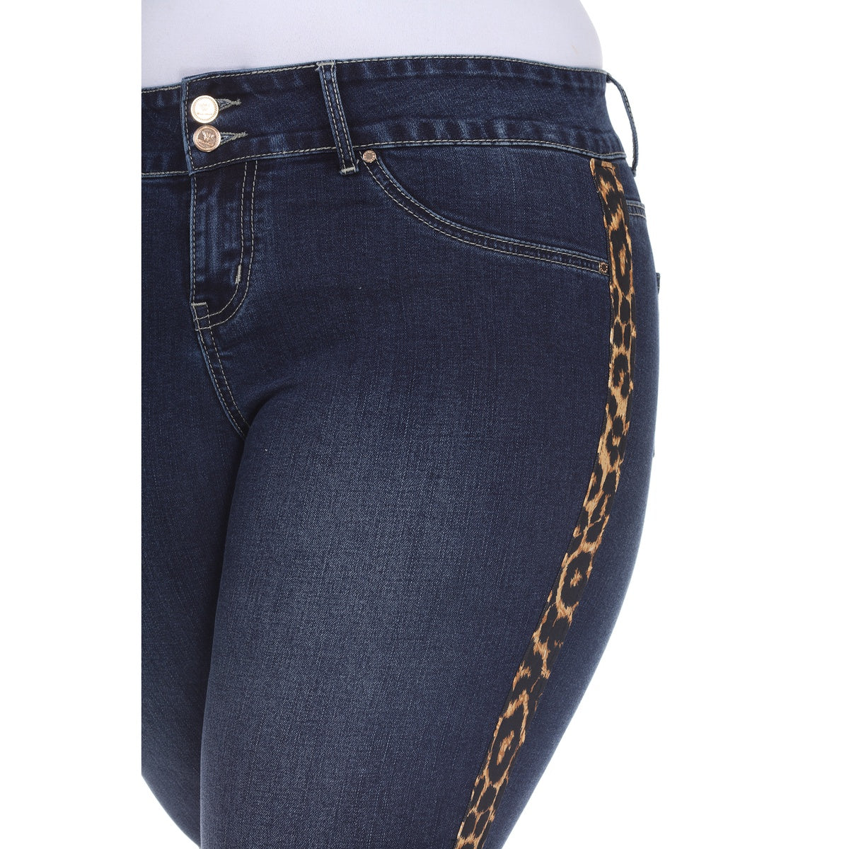  White Mark Plus Size Super Stretch Denim With Cheetah Pannel - 14 - Bonton