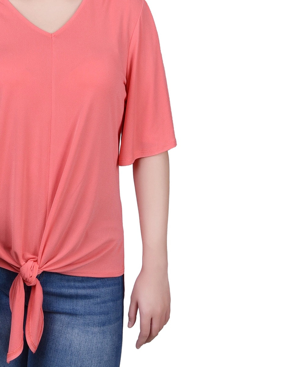  NY Collection Petite Elbow Sleeve Tie-Front Top - Blue Heron - Bonton
