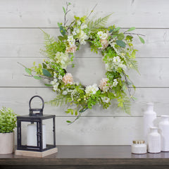 Hydrangea and Fern Spring Floral Berry Wreath-  28" - Green and Pink