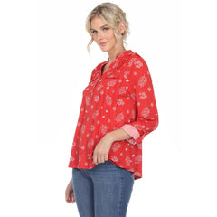 Women's Pleated Long Sleeve Leaf Print Blouse