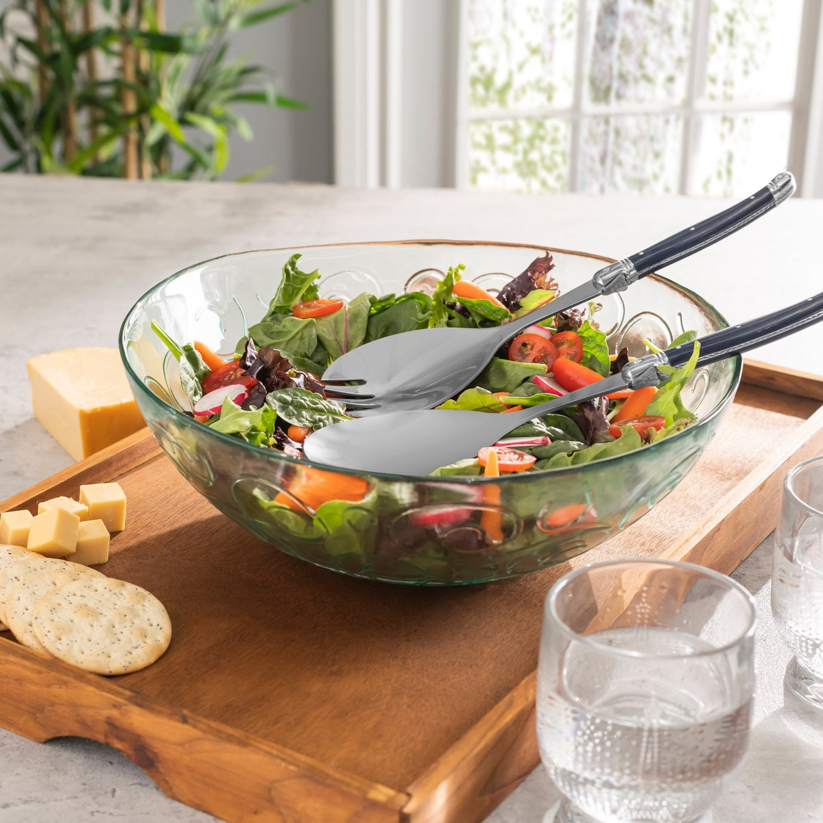  French Home Recycled Glass Celebration Salad Bowl With Navy Laguiole Serving Utensils - Default Title - Bonton