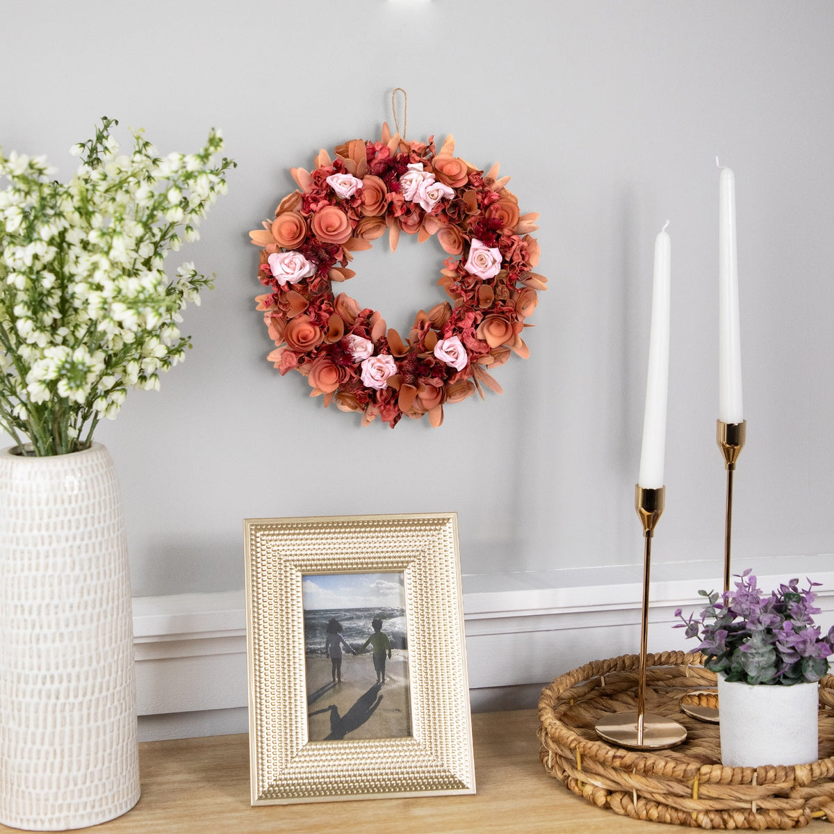  Northlight Roses and Wooden Flowers Artificial Spring Wreath - 12
