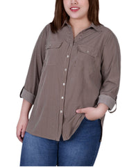 Plus Size 3/4 Sleeve Roll Tab Notch Collar Blouse