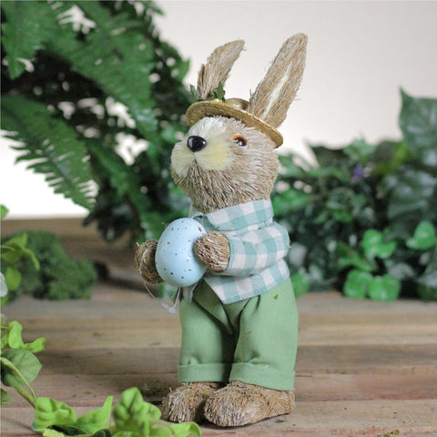 Spring Sisal Standing Easter Bunny Rabbit Figure With Robin's Egg - 10"