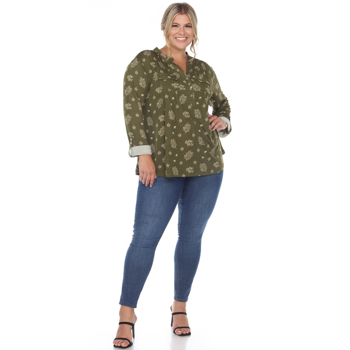  White Mark Plus Size Pleated Long Sleeve Leaf Print Blouse - 1X - Bonton