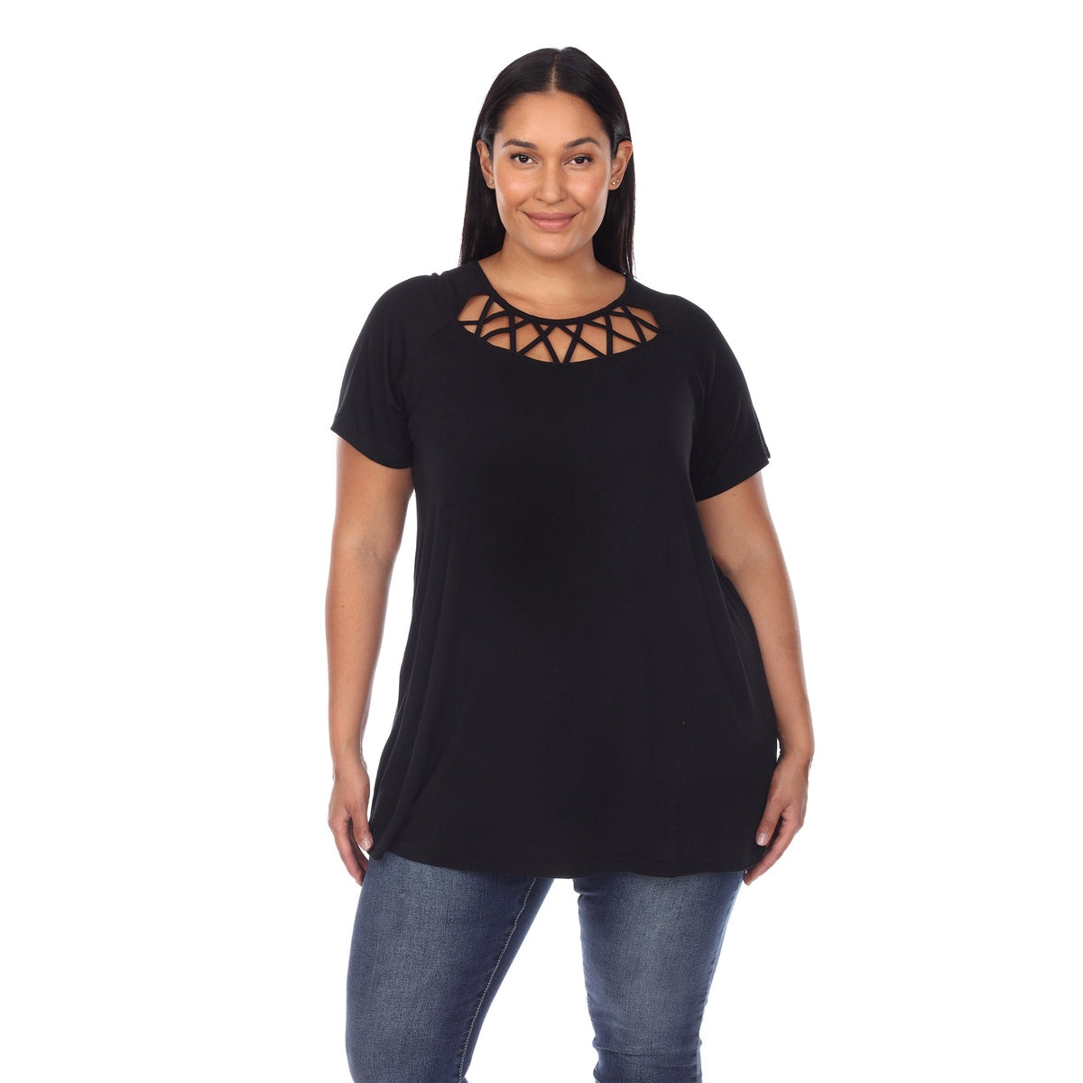  White Mark Plus Size Crisscross Cutout Short Sleeve Top - 1X - Bonton