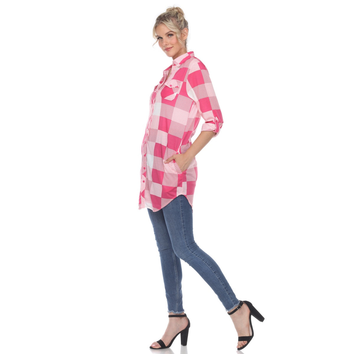  White Mark Women's Plaid Button Down Tunic Top - S - Bonton