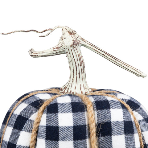 Plaid Fall Harvest Pumpkin With Weathered Stem - 7.75" - Dark Blue and White