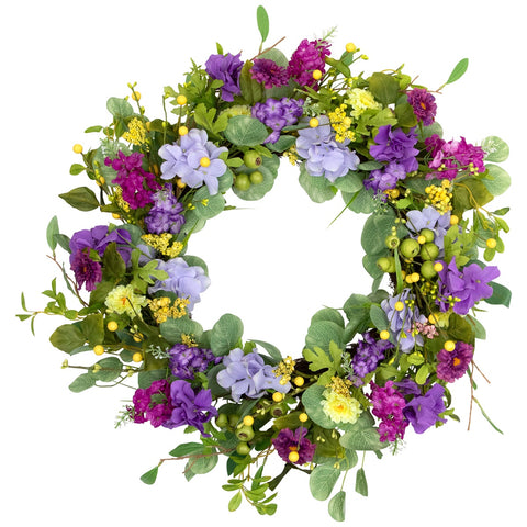 Eucalyptus and Hydrangea Floral Spring Wreath - 23" - Purple and Yellow