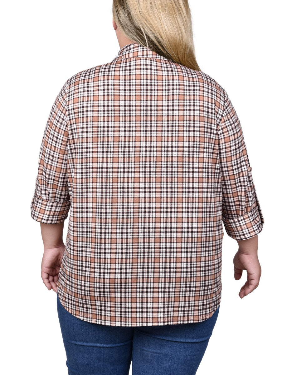  NY Collection Plus Size Long Sleeve Button Front Tunic Top - Rust Denim Plaid - Bonton