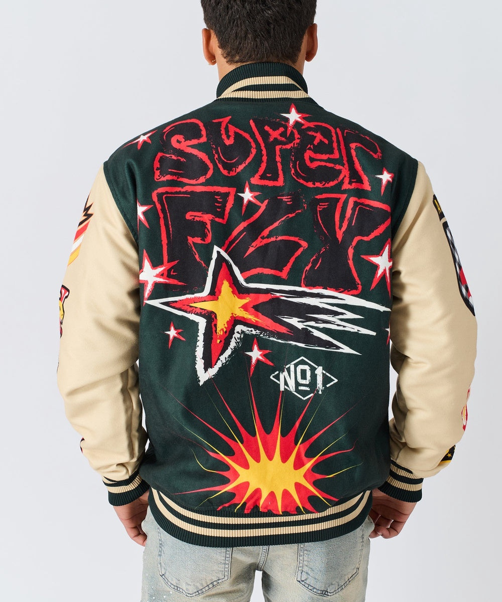  Reason Clothing Super Fly Chenille Patched Varsity Jacket - Green - GREEN - Bonton