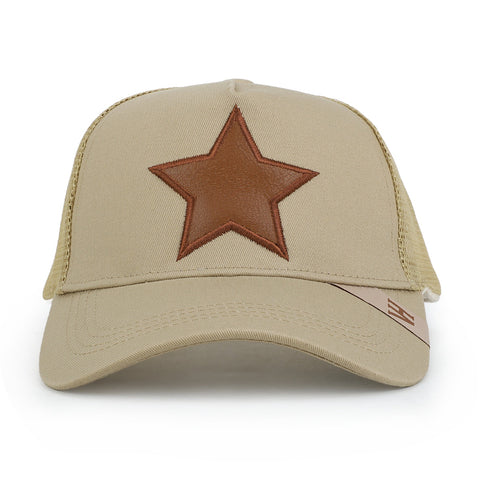 Vintage Havana Trucker Hat for Women & Men – Khaki Mesh & Canvas Adjustable Cap With Brown Cracked Leather Star