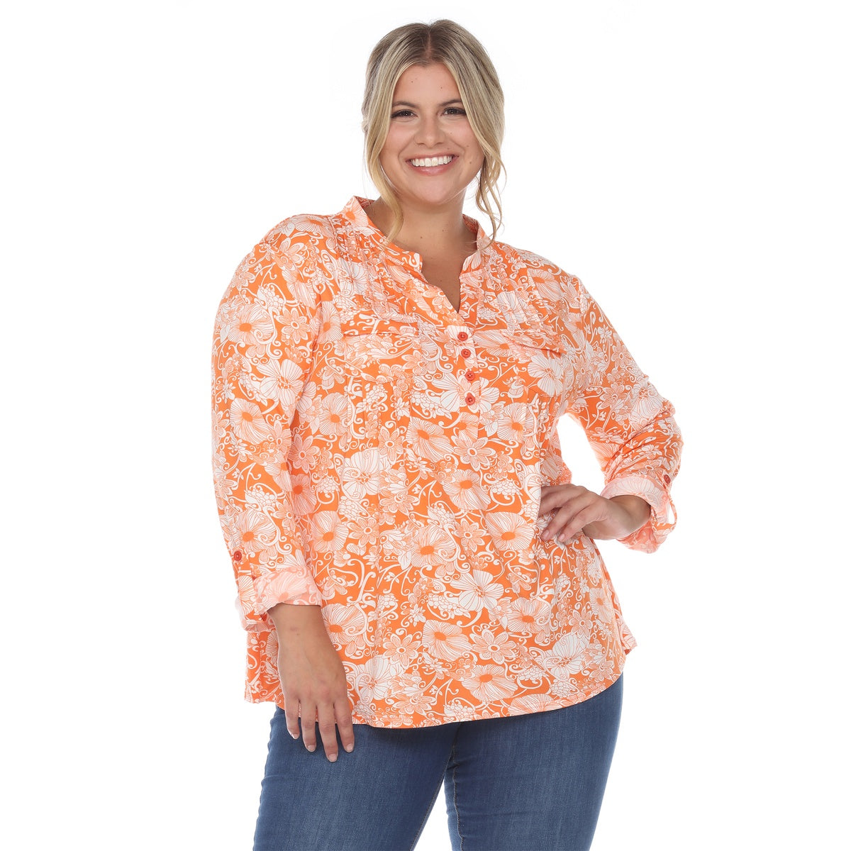  White Mark Plus Size Pleated Long Sleeve Floral Print Blouse - 1X - Bonton