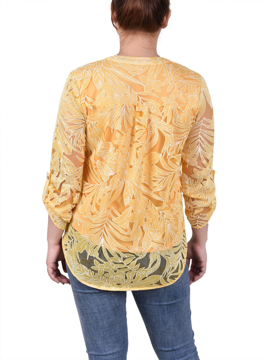  NY Collection Long Sleeve Burnout Y Neck Blouse - Black Palm Leaves - Bonton