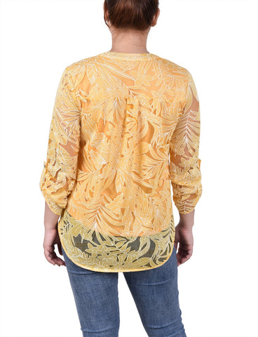 Long Sleeve Burnout Y Neck Blouse