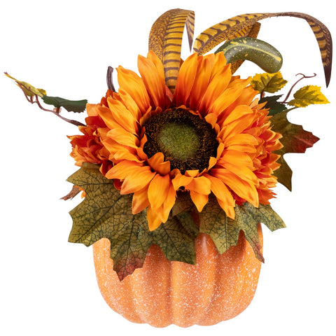 Sunflower and Mum Filled Pumpkin Thanksgiving Decoration - 14.75" - Yellow