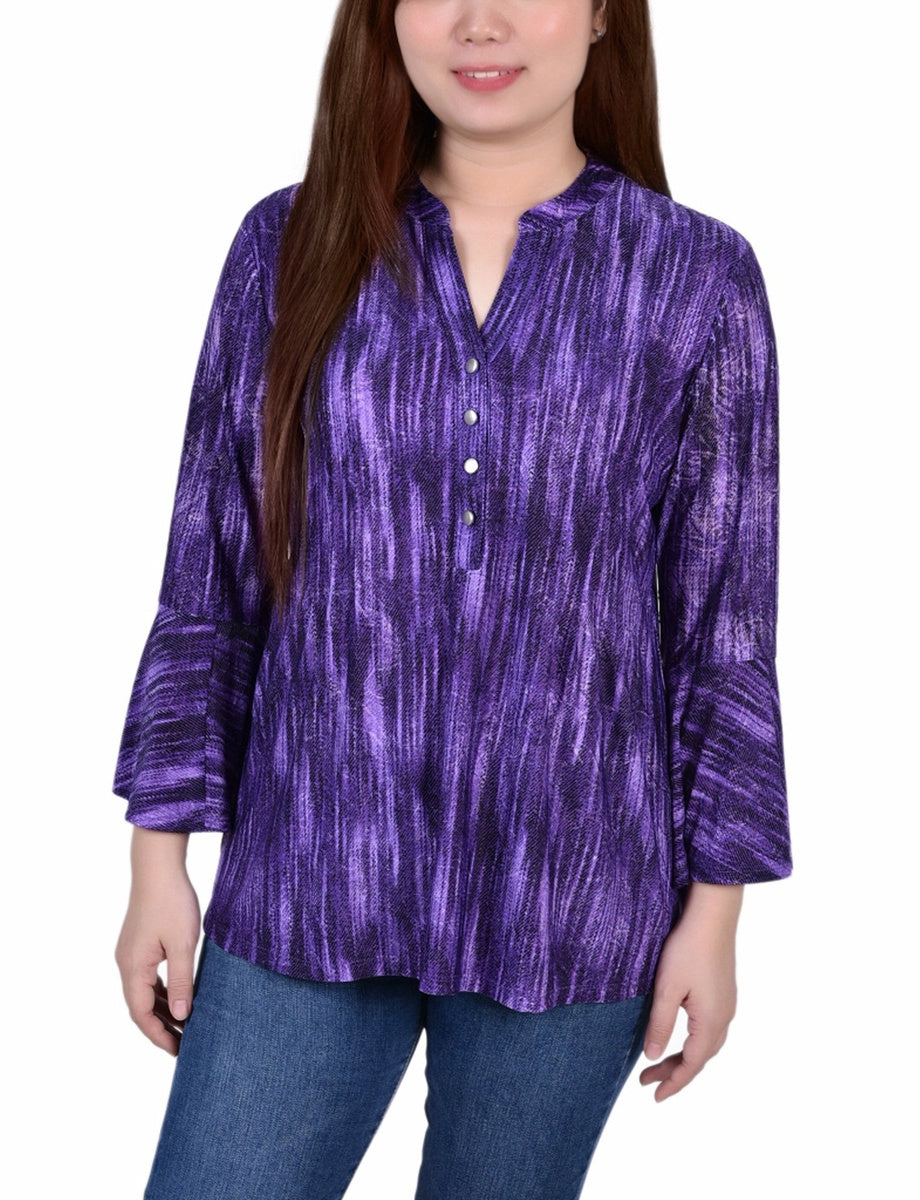  NY Collection 3/4 Bell Sleeve Pleat Front Y Neck Top - Mauve Tie Dye - Bonton