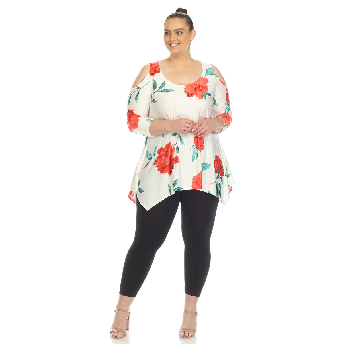  White Mark Plus Size Floral Printed Cold Shoulder Tunic - 1X - Bonton