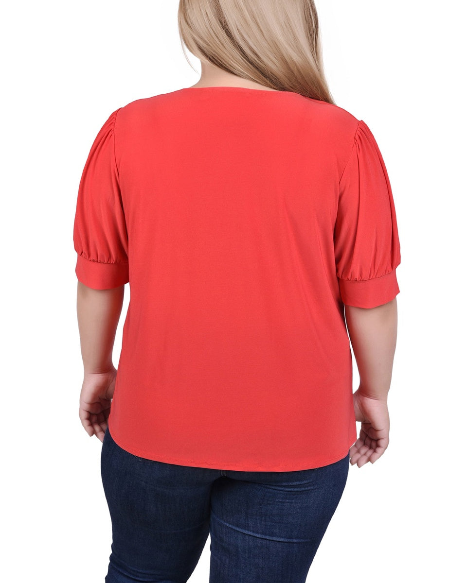  NY Collection Plus Size Short Sleeve Balloon Sleeve Top With Hardware - Bittersweet - Bonton