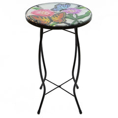 19" Floral and Butterfly Glass Patio Side Table