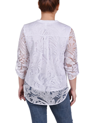 Long Sleeve Burnout Y Neck Blouse
