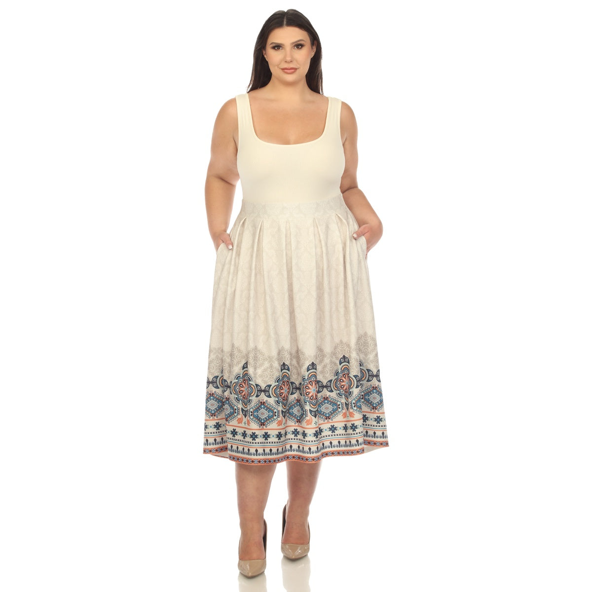  White Mark Plus Size Pleated Skirt With Border Prints - 3X - Bonton