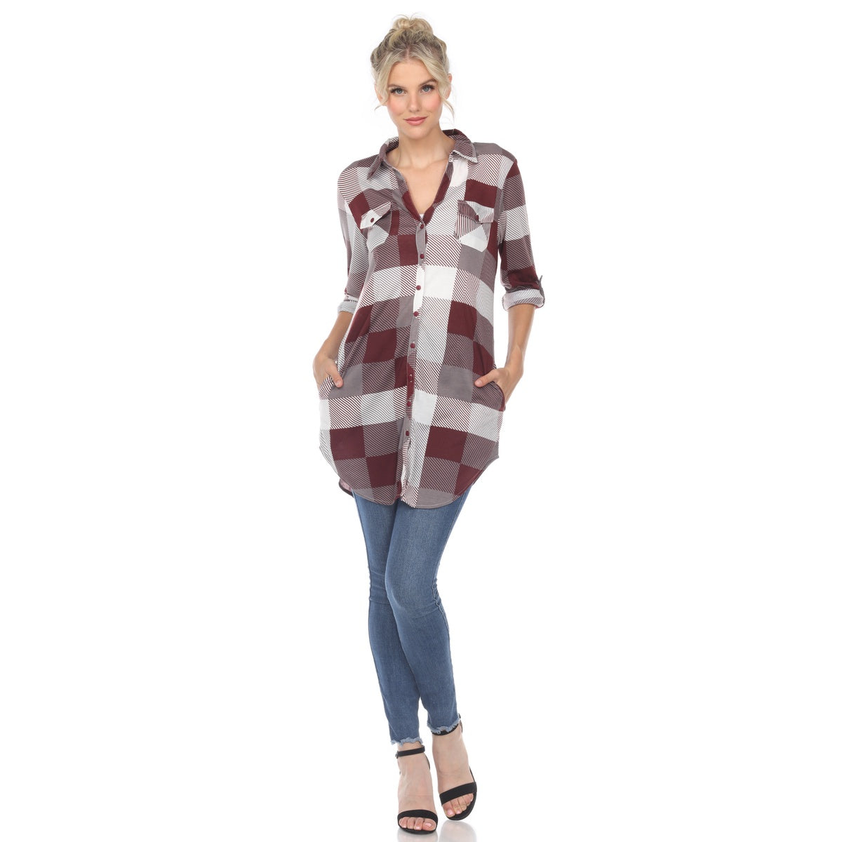  White Mark Women's Plaid Button Down Tunic Top - S - Bonton