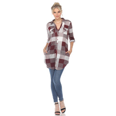 Women's Plaid Button Down Tunic Top