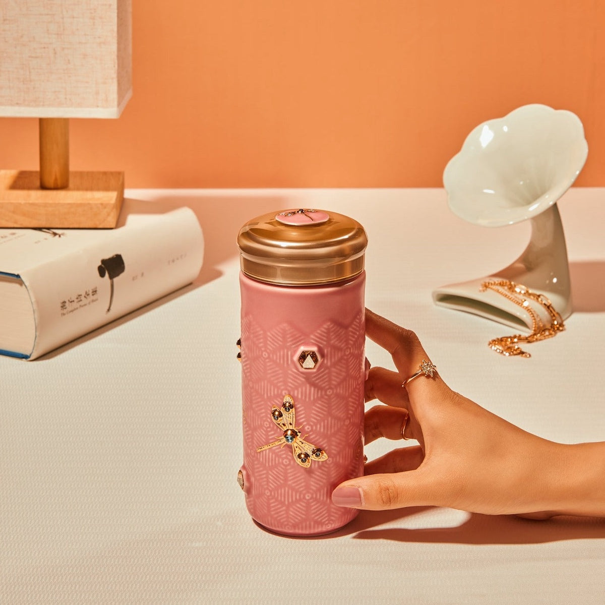  Acera Dragonfly Serenity Travel Mug With Crystals - White and Hand Painted Gold with Crystals - Bonton