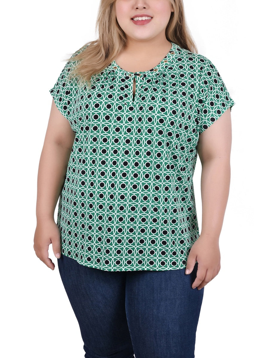  NY Collection Plus Size Extended Sleeve Top With Grommets - Black Blue Taupe Abstract - Bonton