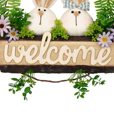 Rabbit Couple "Welcome" Floral Spring Wreath  16-Inch