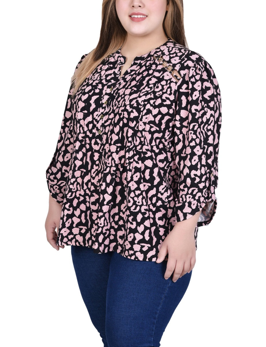  NY Collection Plus Size Long Sleeve Pintuck Front Top With Chain Details - Animal Lilas Dot - Bonton