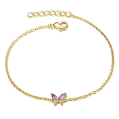 GiGiGirl 14k Gold Plated With Pink Cubic Zirconia Butterfly Charm Bracelet