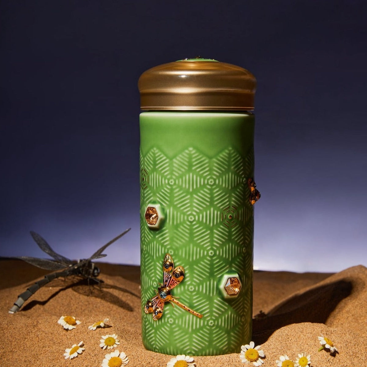  Acera Dragonfly Serenity Travel Mug With Crystals - White and Hand Painted Gold with Crystals - Bonton