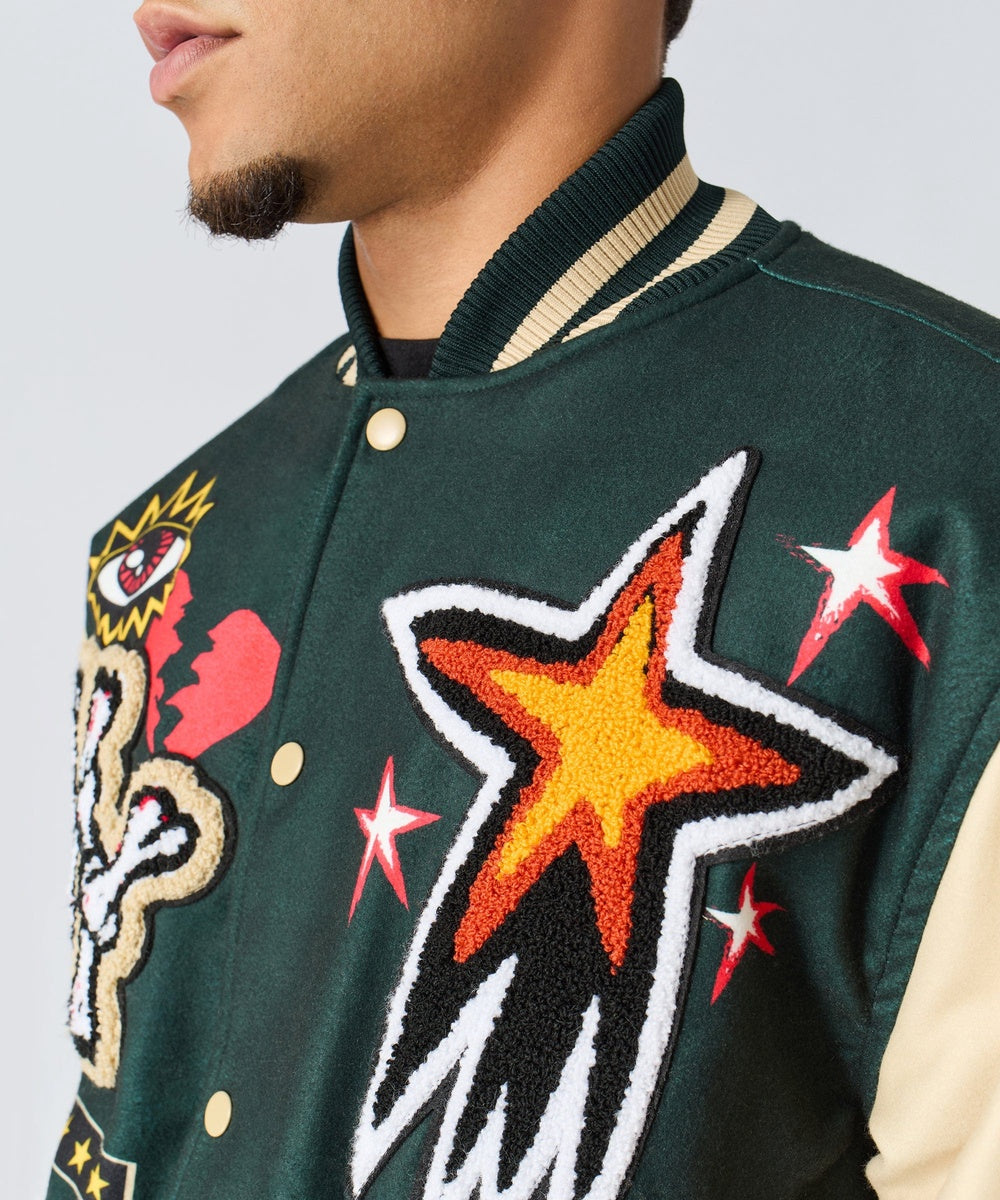  Reason Clothing Super Fly Chenille Patched Varsity Jacket - Green - GREEN - Bonton